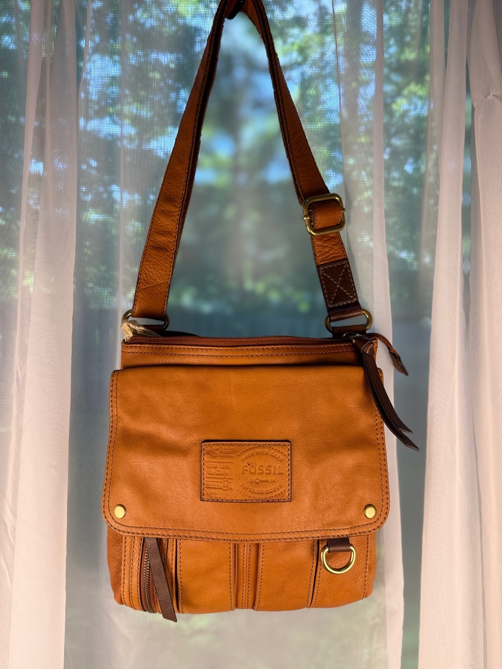 Fossil Cognac Brown Leather Crossbody Messenger Bag EUC